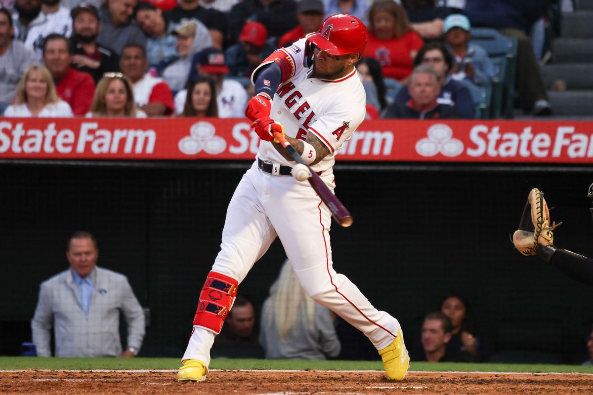 Los Angeles Angels infielder Yoán Moncada (5) hits the ball during the MLB game against the New York Yankees Wednesday May 28th, 2025 at Angel's Stadium in Anaheim, Calif.