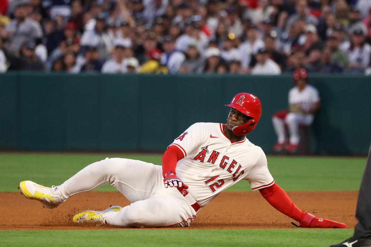 Los Angeles Angels outfielder Jorge Soler (12) slides to second base during the MLB game against the New York Yankees Wednesday May 28th, 2025 at Angel's Stadium in Anaheim, Calif.
