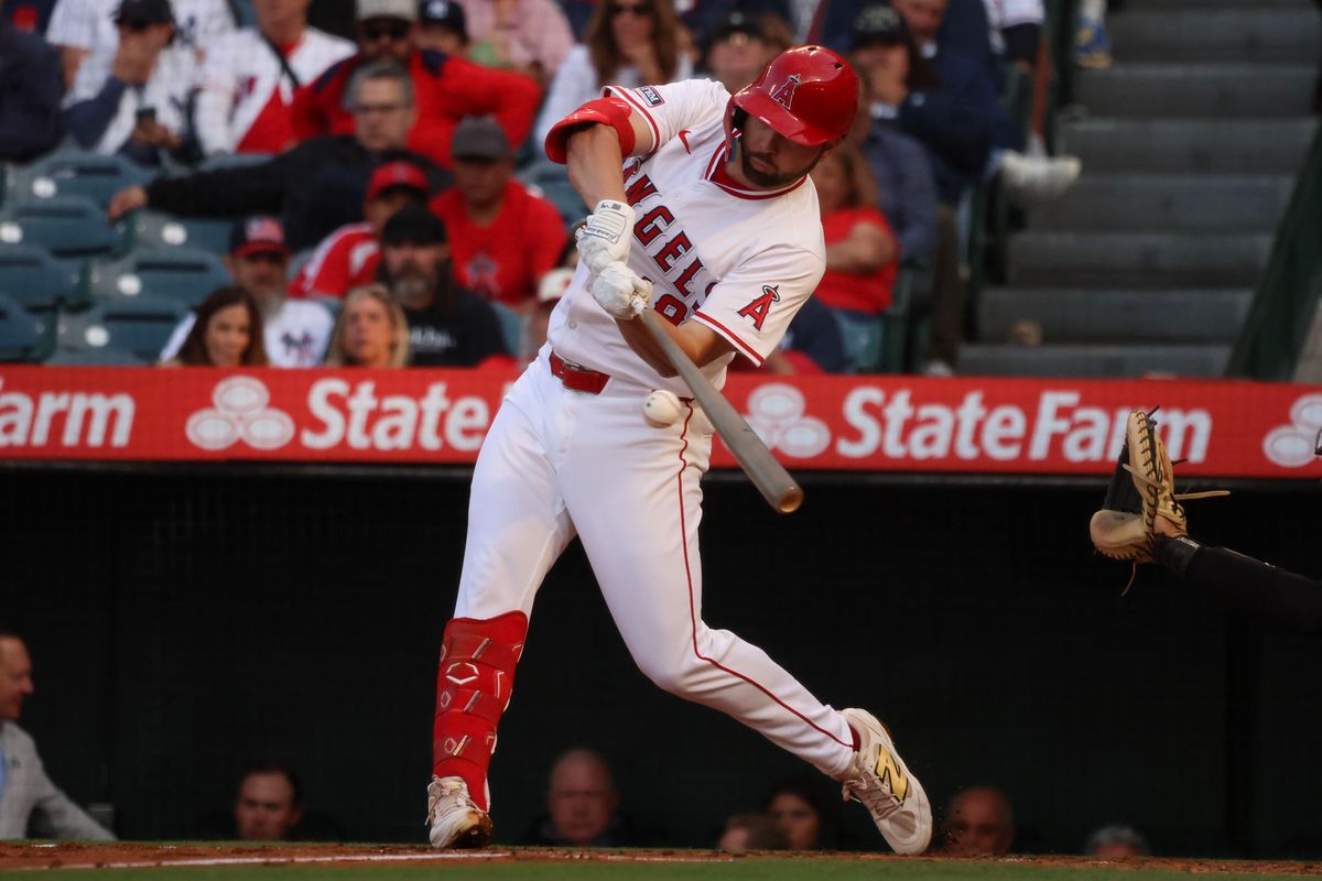 Los Angeles Angels infielder Nolan Schanuel (18) hits the ball during the MLB game against the New York Yankees Wednesday May 28th, 2025 at Angel's Stadium in Anaheim, Calif.
