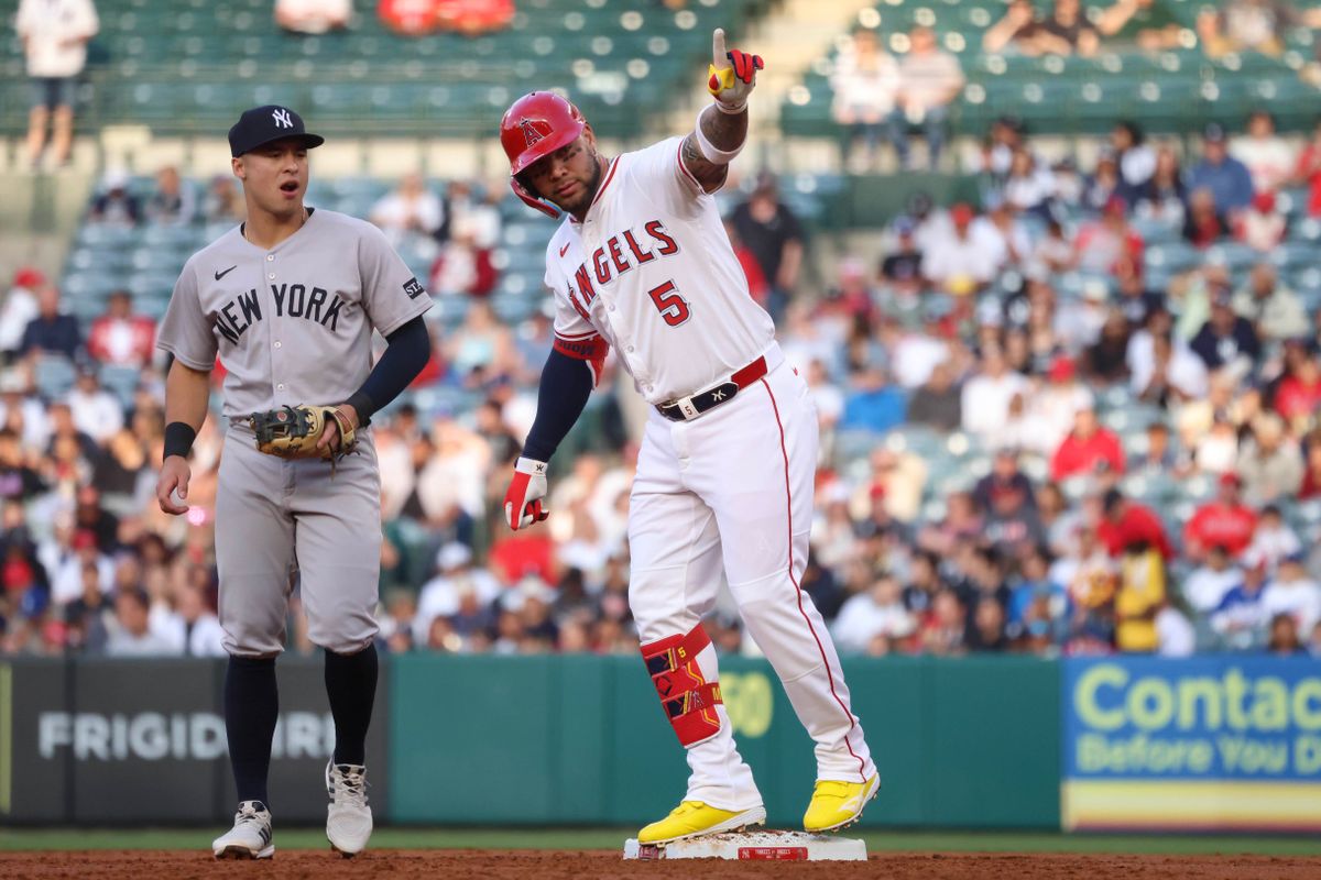 Los Angeles Angels infielder Yoán Moncada (5) celebrates after hitting a double during the MLB game against the New York Yankees Wednesday May 28th, 2025 at Angel's Stadium in Anaheim, Calif.
