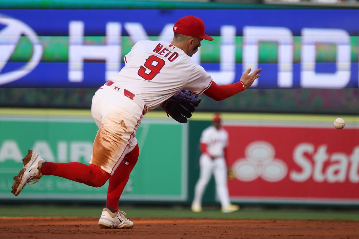 Los Angeles Angels infielder Zach Neto (9) turns a double play during the MLB game against the New York Yankees Wednesday May 28th, 2025 at Angel's Stadium in Anaheim, Calif.