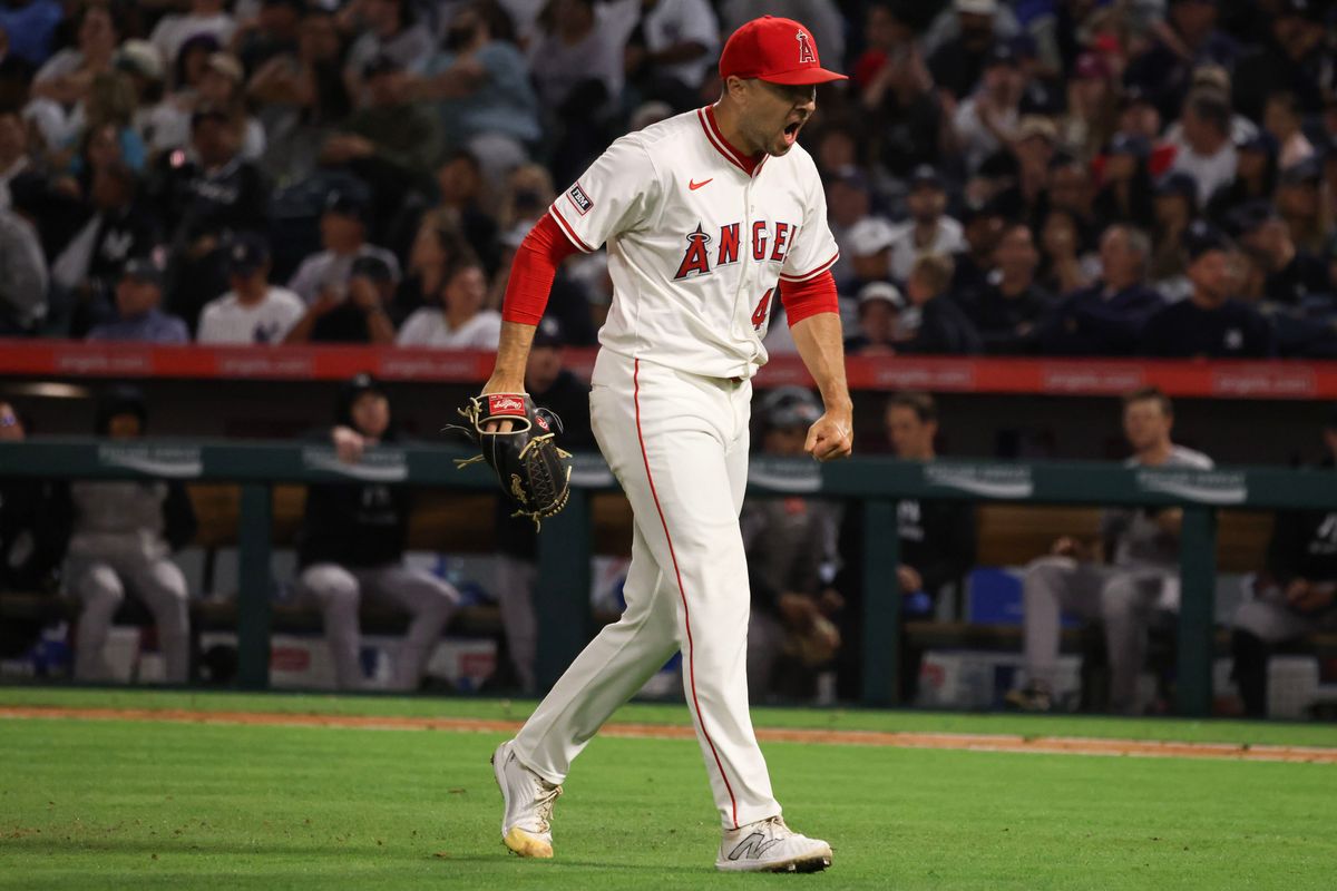 Los Angeles Angels left handed pitcher Brock Burke (46) yells after getting a strikeout during the MLB game against the New York Yankees Wednesday May 28th, 2025 at Angel's Stadium in Anaheim, Calif.