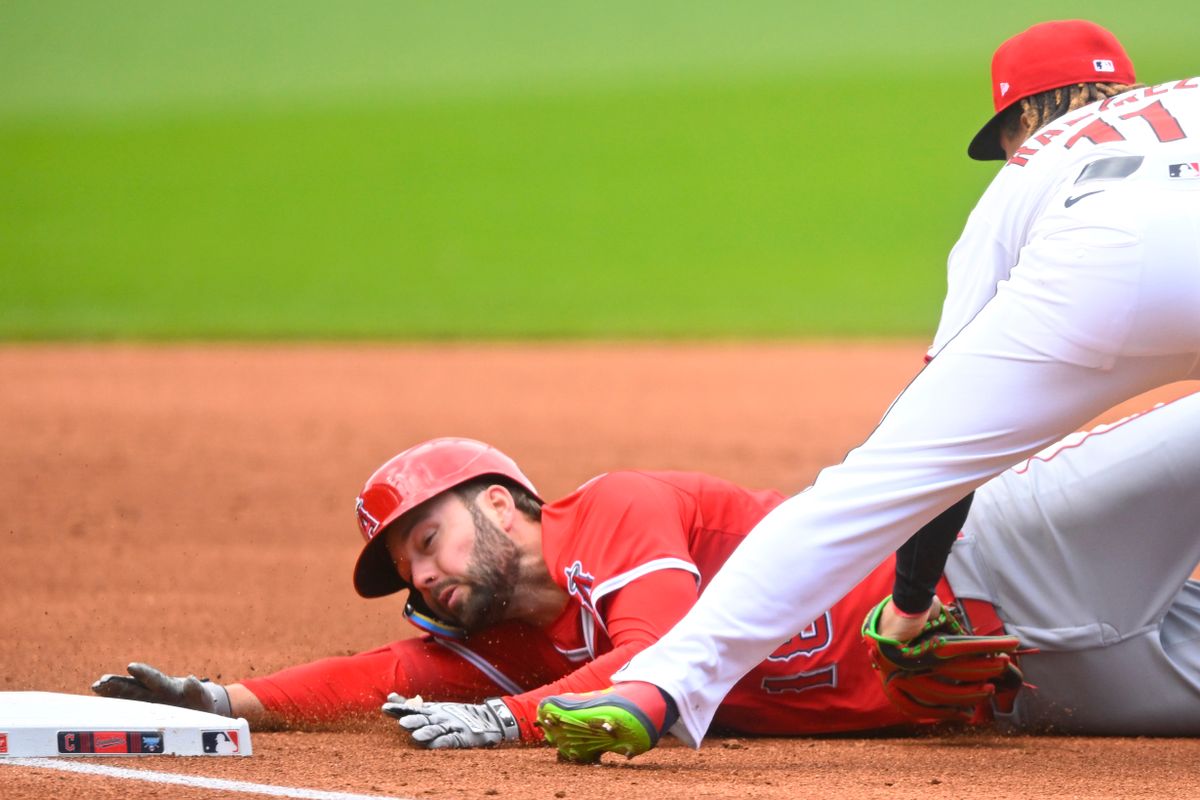 Los Angeles Angels first baseman Nolan Schanuel (18) is tagged out at third base by Cleveland Guardians third baseman Jose Ramirez (11) in the third inning at Progressive Field.