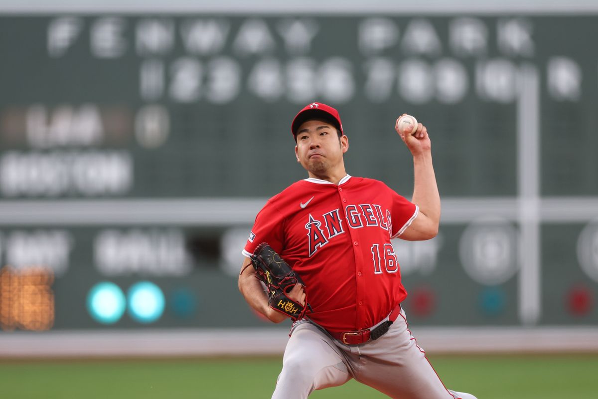 Los Angeles Angels starting pitcher Yusei Kikuchi (16) delivers a pitch during the first inning against the Boston Red Sox at Fenway Park.