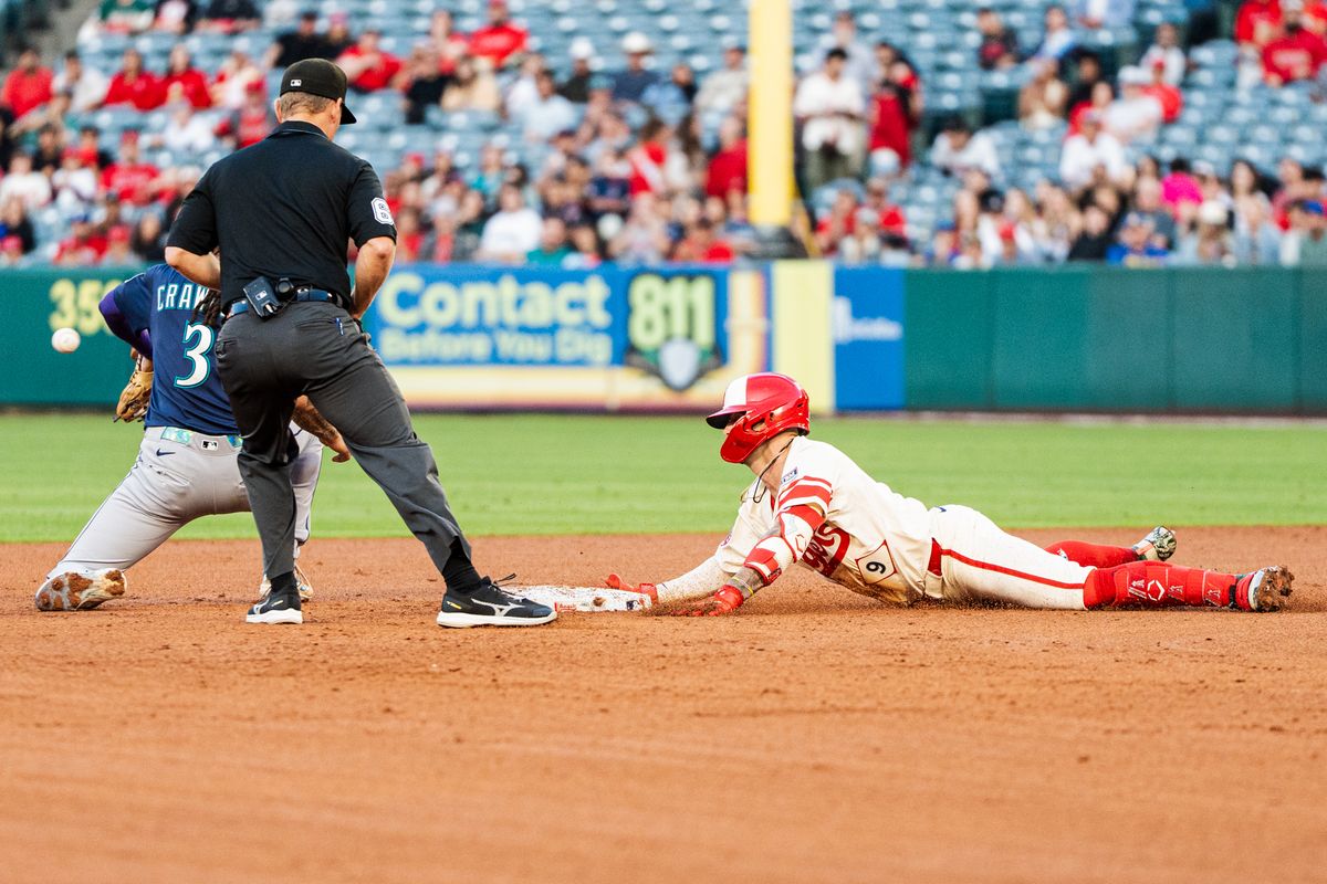 Los Angeles Angels IF Zach Neto (9) slides to second base during a game against the Seattle Mariners Saturday June 7th, 2025 at Angel's Stadium in Anaheim, Calif.
