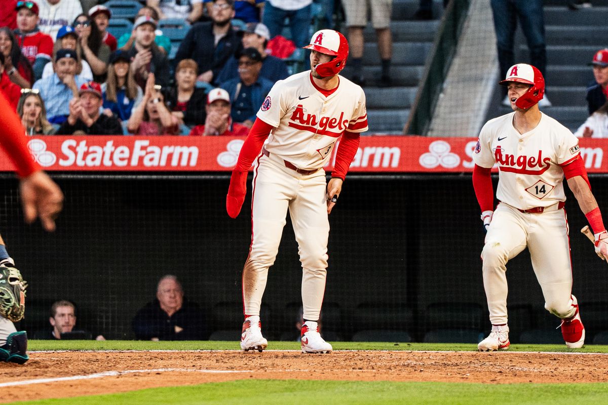 Los Angeles Angels OF Taylor Ward (3) celebrates after scoring a run during a game against the Seattle Mariners Saturday June 7th, 2025 at Angel's Stadium in Anaheim, Calif.