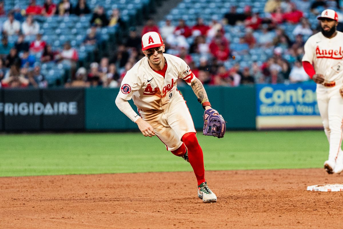 Los Angeles Angels SS Zach Neto (9) chases after a grounder during a game against the Seattle Mariners Saturday June 7th, 2025 at Angel's Stadium in Anaheim, Calif.