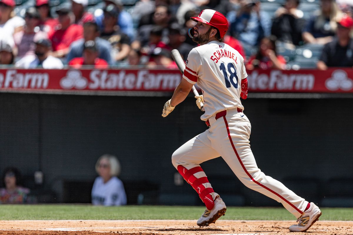 Los Angeles Angels first base Nolan Schanuel (18) bats during the game against the Seattle Mariners on Saturday, June 7, 2025, at Angel Stadium in Anaheim, CA.