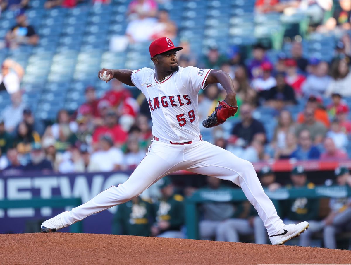 Los Angeles Angels pitcher #59 Paul Soriano throws a pitch during an MLB game against the Las Vegas Athletics on June 10, 2025 in Anaheim, CA.