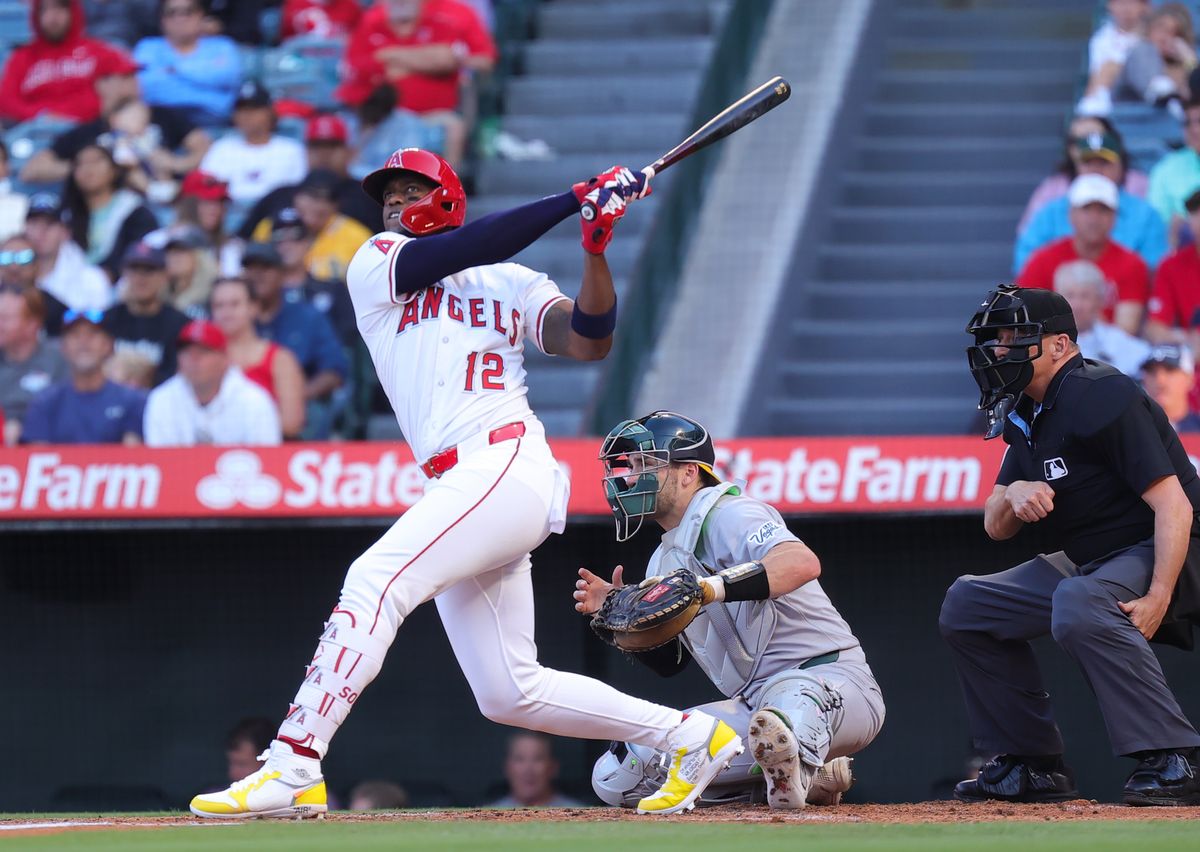 Los Angeles Angels infielder #12 Jorge Soler at bat during an MLB game against the Las Vegas Athletics on June 10, 2025 in Anaheim, CA.