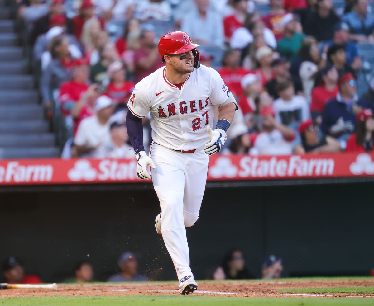 Los Angeles Angels outfielder #27 Mike Trout runs the bases during an MLB game against the Las Vegas Athletics on June 10, 2025 in Anaheim, CA.
