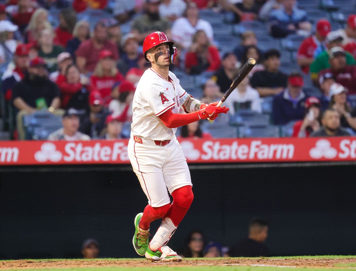 Los Angeles Angels infielder #9 Zach Neto bats during an MLB game against the Las Vegas Athletics on June 10, 2025 in Anaheim, CA. in Anaheim, CA.