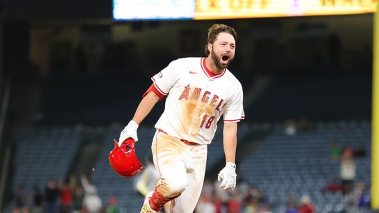 Los Angeles Angels infielder #18 Nolan Schanuel celebrates a game winning base hit during an MLB game against the Las Vegas Athletics on June 10, 2025 in Anaheim, CA.