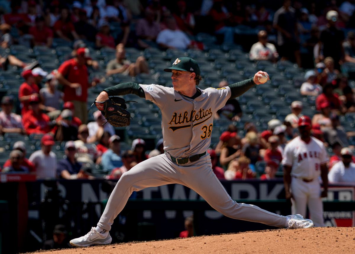 Las Vegas Athletics' Pitcher, JP Spears 38, pitching during an MLB baseball game against the Angels on June 11, 2025 in Anaheim, CA.