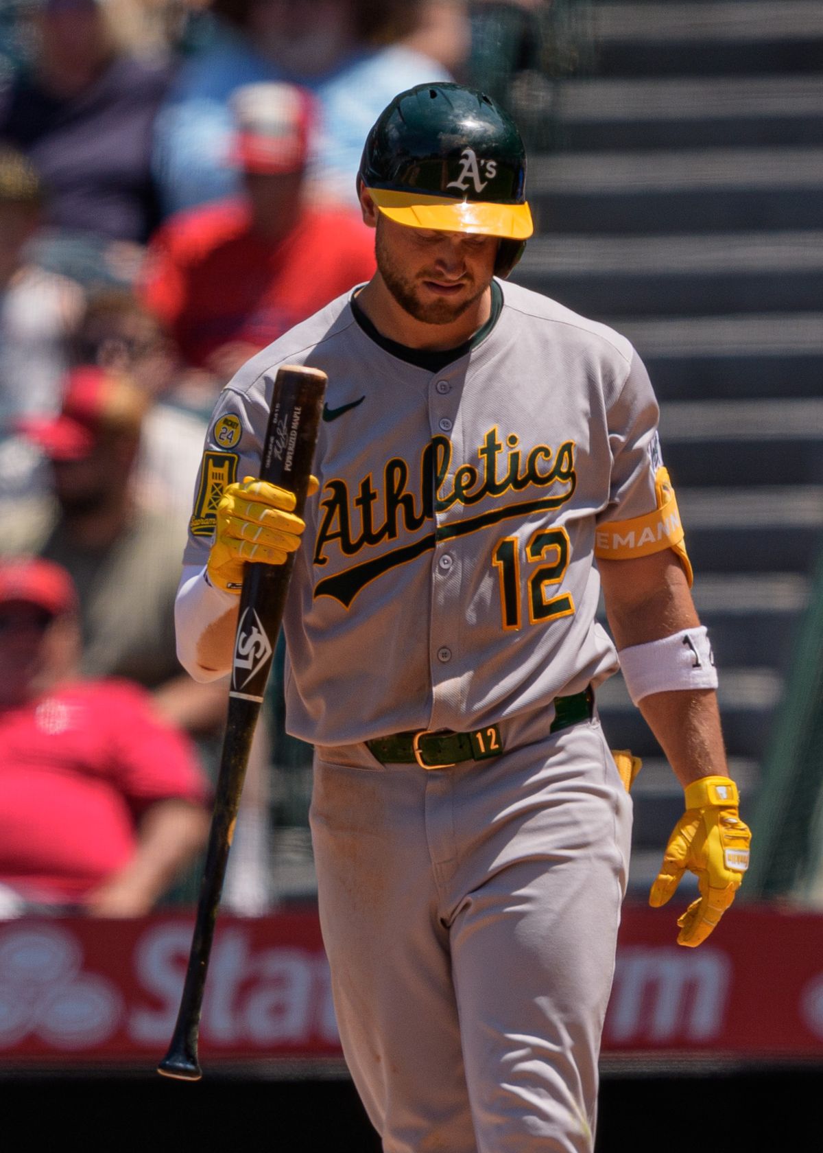 Las Vegas Athletics' Infielder, Max Schuemann 12, stares at the ground in disappointment after striking out during an MLB baseball game against the Angels on June 11, 2025 in Anaheim CA.
