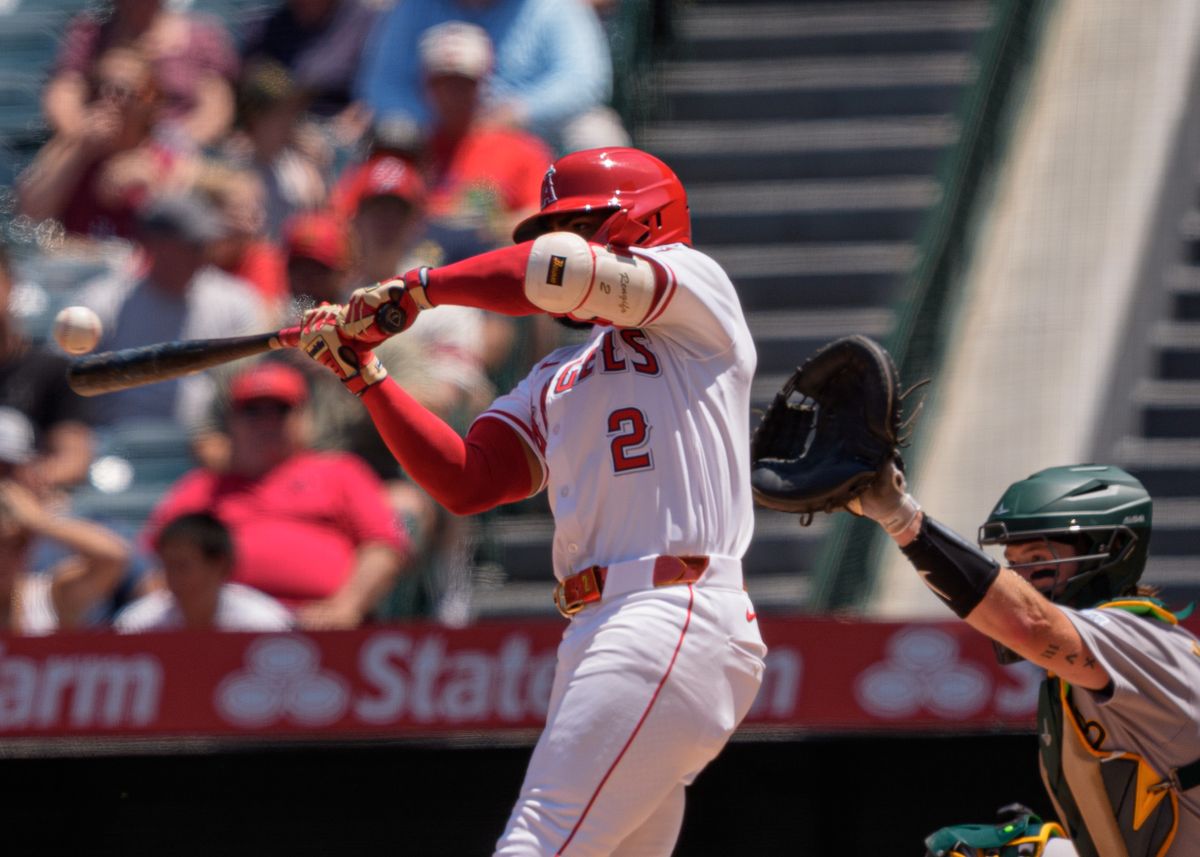 Los Angeles Angels' Infielder, Luis Rengifo 2, hits a fly ball during an MLB baseball game against the Athletics on June 11, 2025 in Anaheim, CA.
