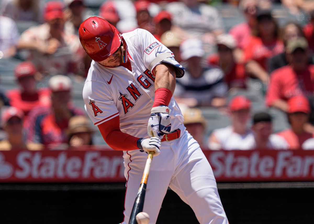 Los Angeles Angels' Pitcher, Ryan Zeferjahn 56, hits a foul ball during an MLB baseball game agains the Athletics on June 11, 2025 in Anaheim, CA.