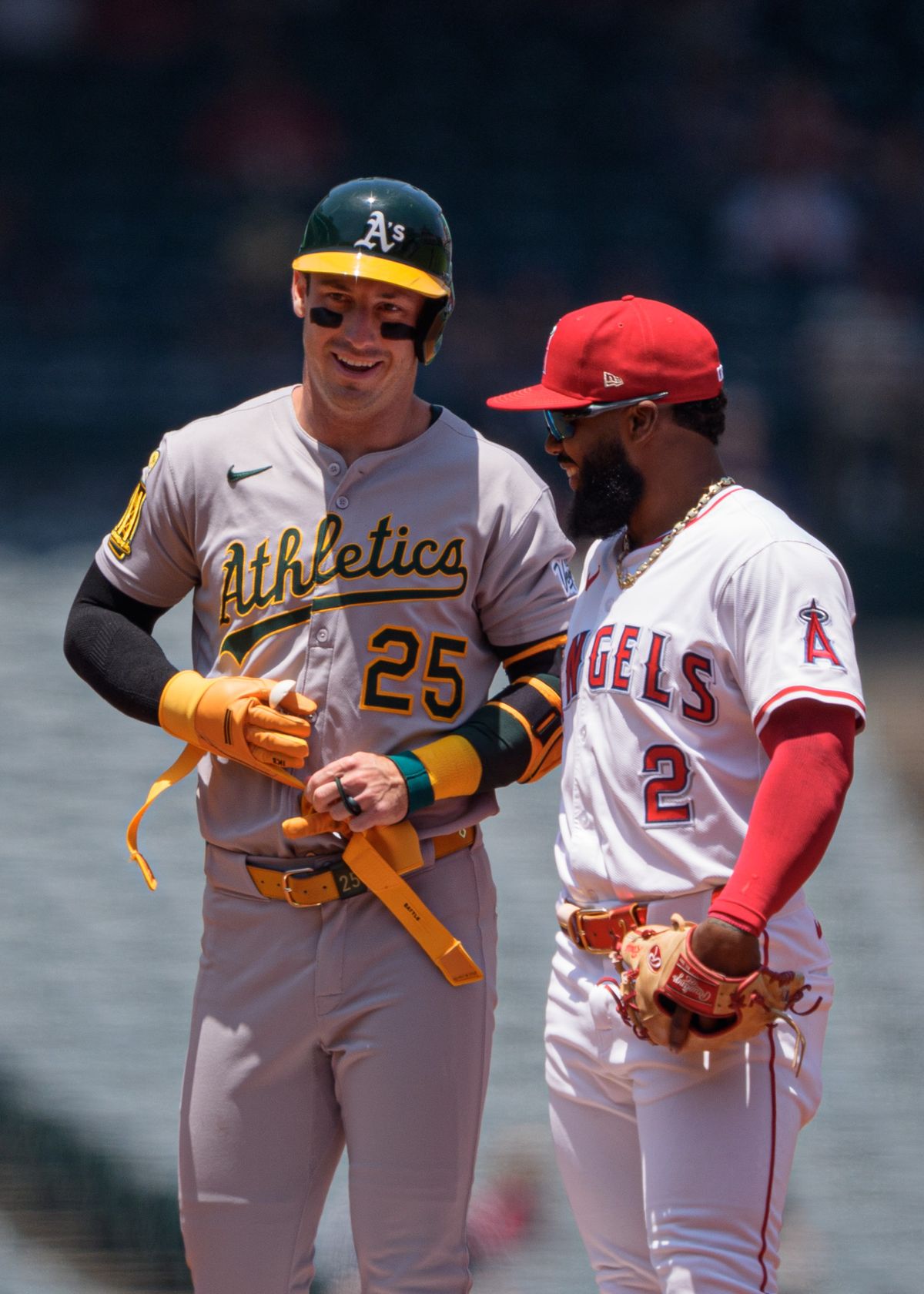 Los Angeles Angels' Infielder, Luis Rengifo 2, greets an opposing player on second base during an MLB baseball game against the Athletics on June 11, 2025 in Anaheim, CA.