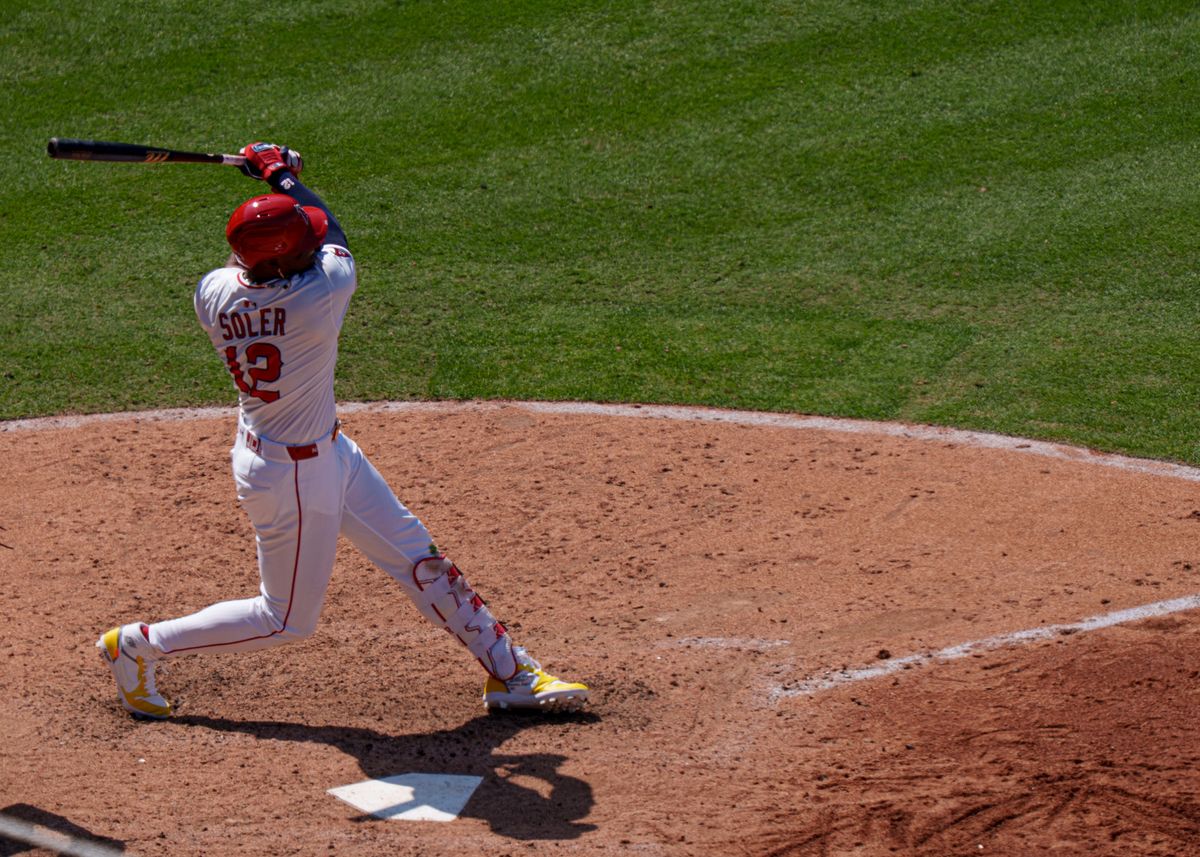 Los Angeles Angels' Outfielder, Jorge Stoler 12, hits a fly foul ball during an MLB baseball game against the Athletics on June 11, 2025 in Anaheim, CA.