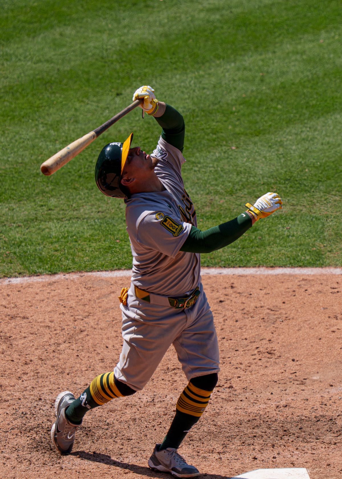 Las Vegas Athletics' Infielder, Luis Urias 17, hits a fly ball during an MLB baseball game against the Angels on June 11, 2025 in Anaheim, CA. 