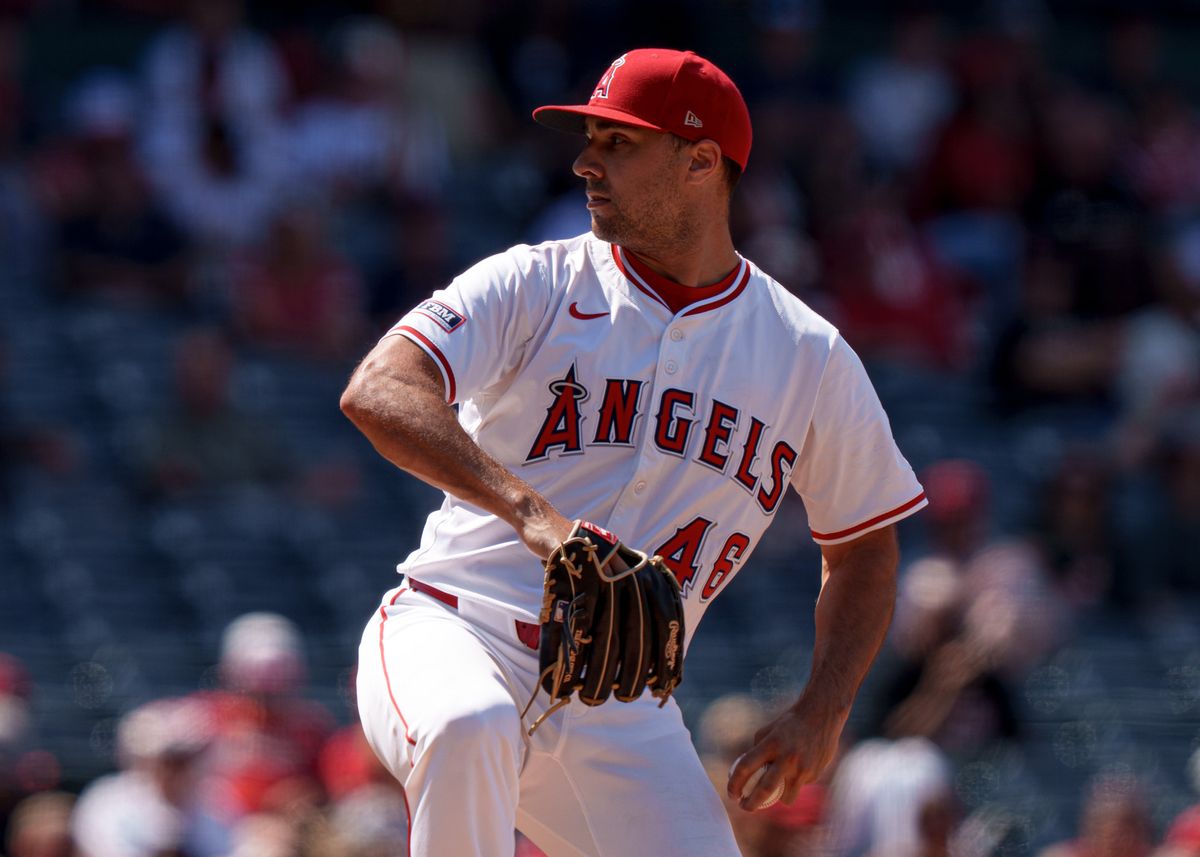 Los Angeles Angels' Pitcher, Brock Burke 46, winding up a pitch during an MLB baseball game against the Athletics on June 11, 2025 in Anaheim, CA.