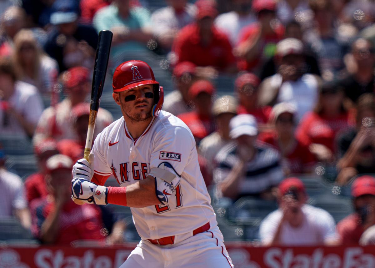 Los Angeles Angels' Outfielder, Mike Trout 27, prepares at bat during an MLB baseball game against the Athletics on June 11, 2025 in Anaheim, CA.