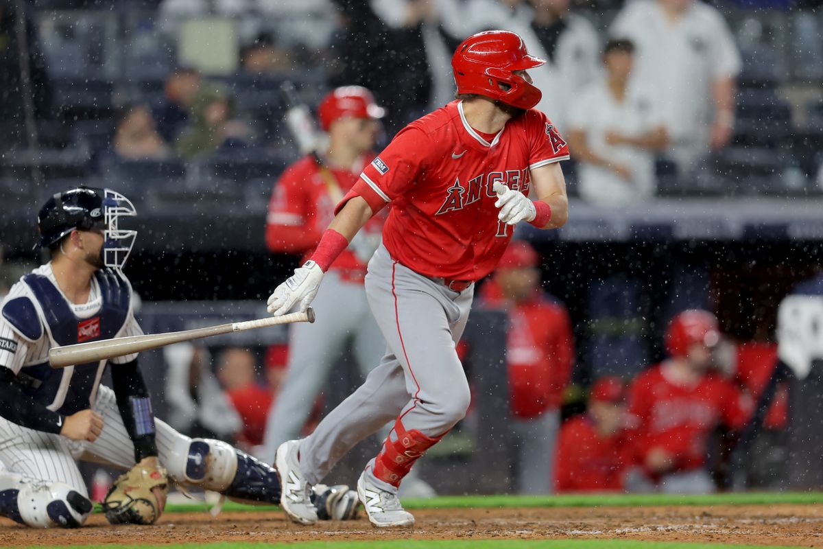 Los Angeles Angels first baseman Nolan Schanuel (18) follows through on an RBI double against the New York Yankees during the eleventh inning at Yankee Stadium.