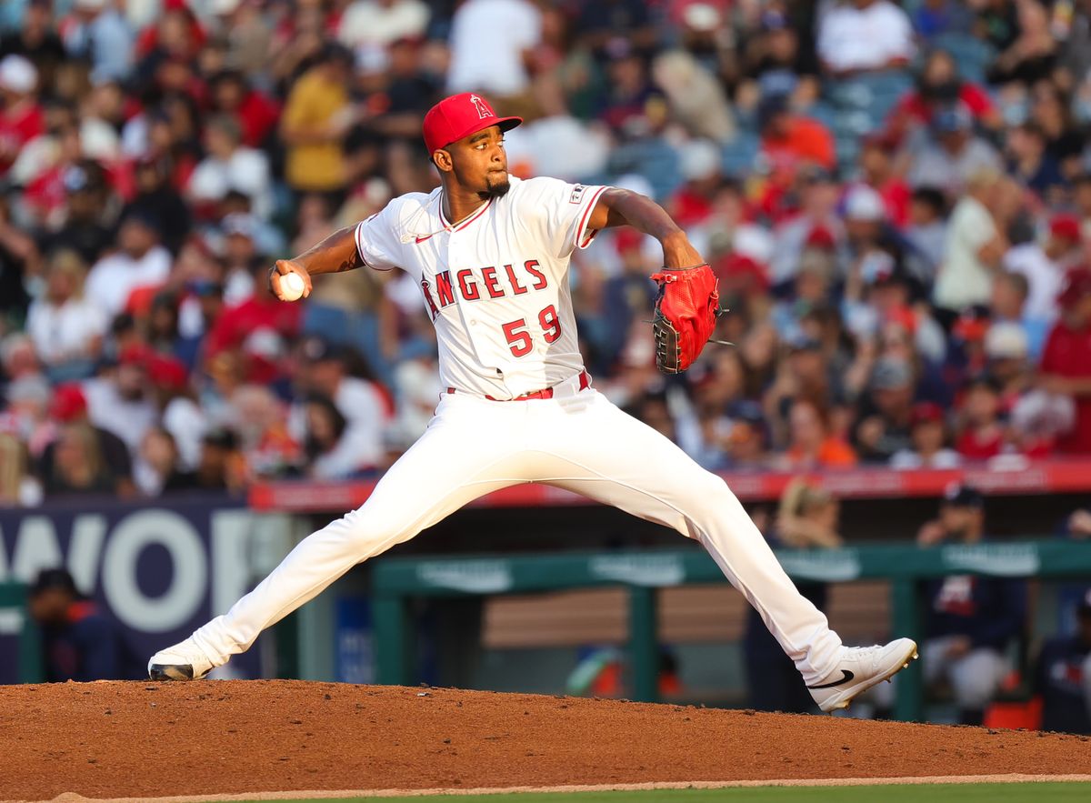 Los Angeles Angels pitcher #59 Paul Soriano throws a pitch during an MLB game against the Houston Astros on June 21, 2025 in Anaheim, CA.