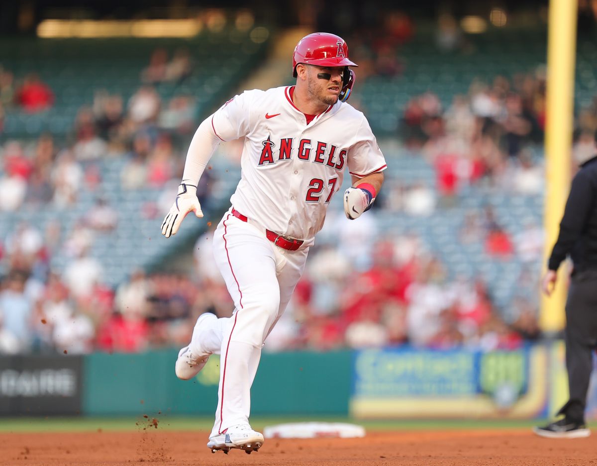 Los Angeles Angels outfielder #27 Mike Trout runs the bases during an MLB game against the Houston Astros on June 21, 2025 in Anaheim, CA.