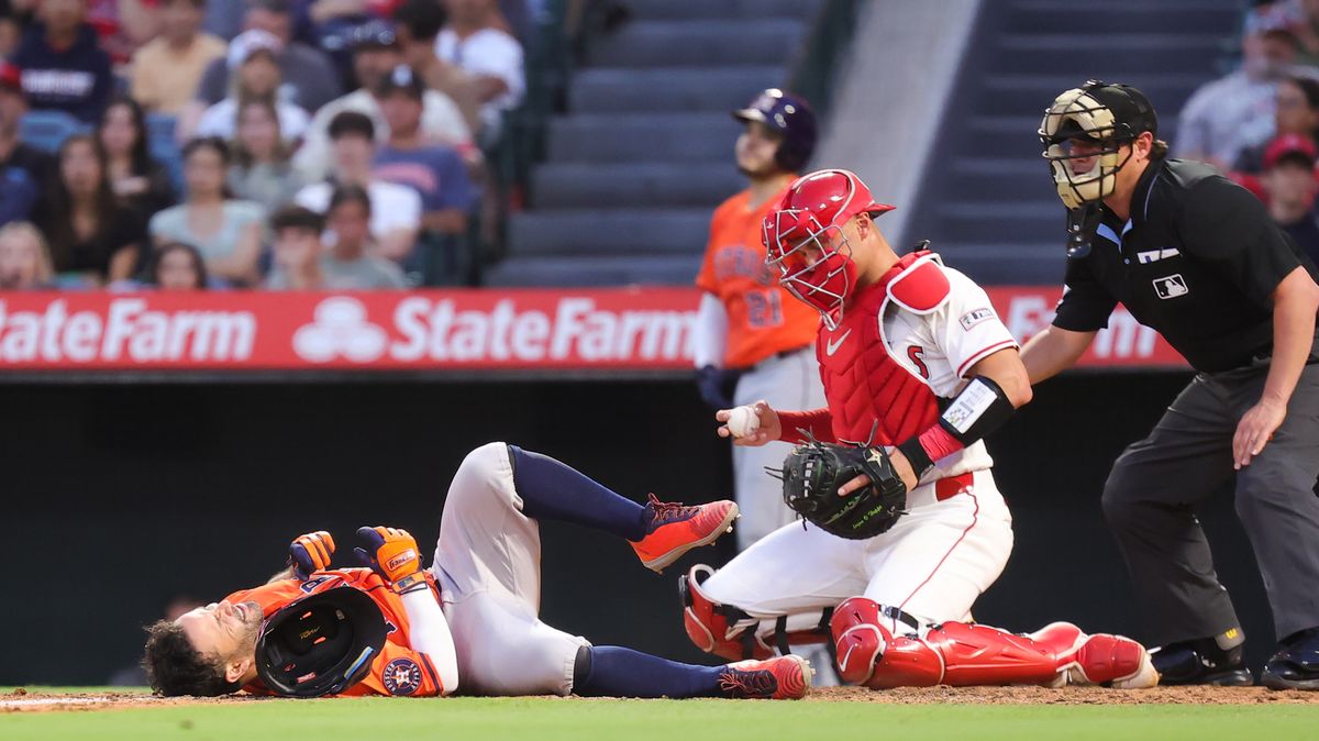 Houston Astros outfielder #27 Jose Altuve avoids a close pitch during an MLB game against the Los Angeles Angels on June 21, 2025 in Anaheim, CA.