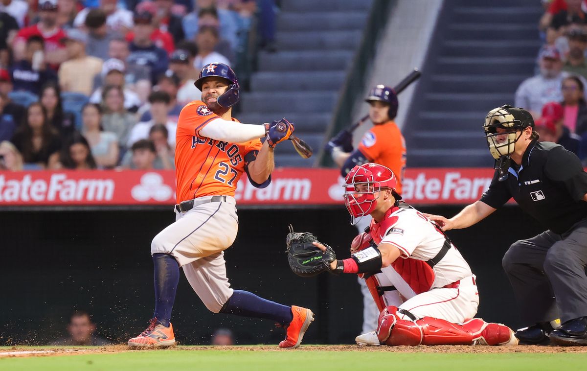 Houston Astros outfielder #27 Jose Altuve at bat during an MLB game against the Los Angeles Angels on June 21, 2025 in Anaheim, CA.