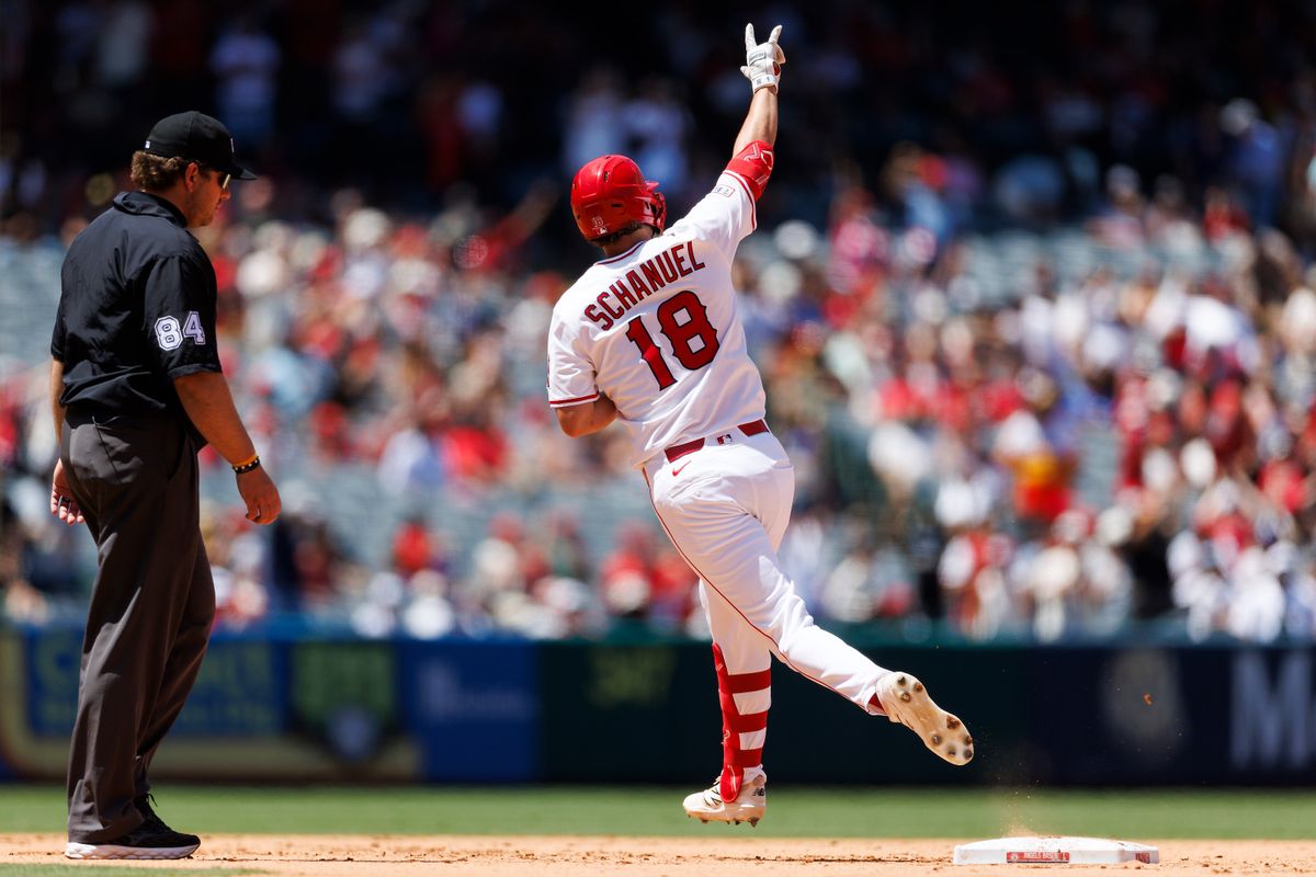 Nolan Schanuel #18 of the Los Angeles Angels celebrates a home run during the game against the Houston Astros at Angel Stadium of Anaheim on June 22, 2025 in Anaheim, California.