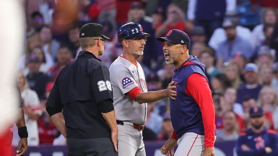 Boston Red Sox manager Alex Cora argues with an umpire during an MLB game against the Los Angeles Angels on June 23, 2025 in Anaheim, CA.