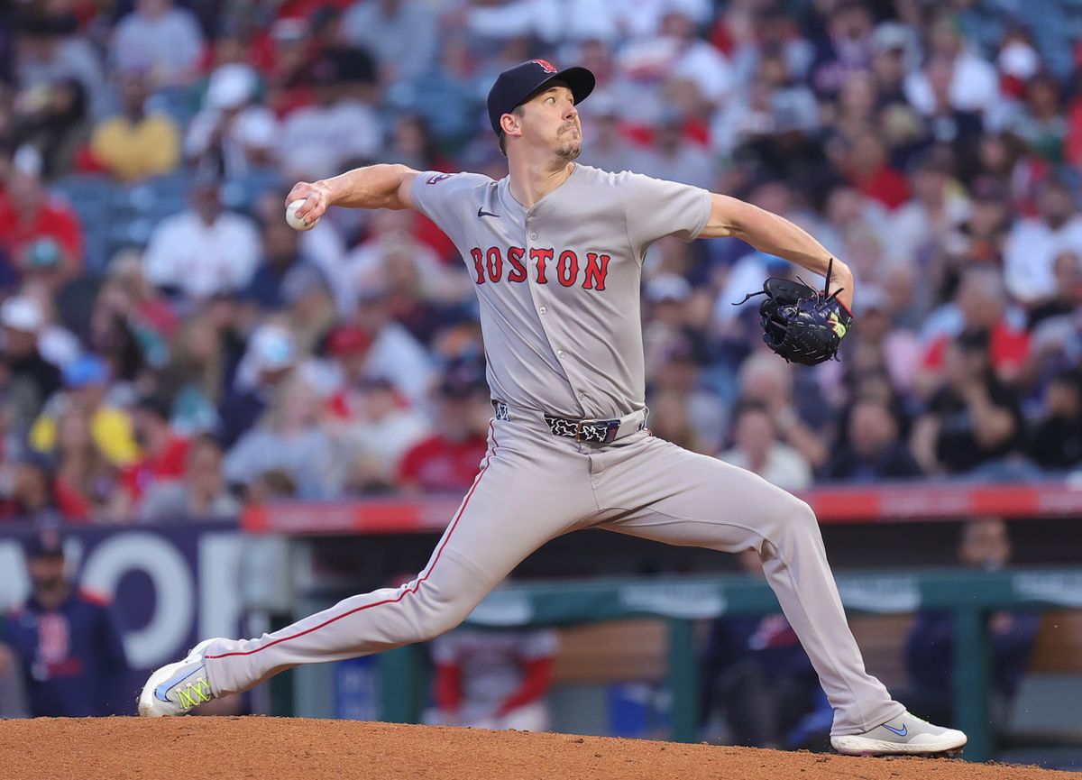 Boston Red Sox pitcher #0 Walker Beuhler throws a pitch during an MLB game against the Los Angeles Angels on June 23, 2025 in Anaheim, CA.