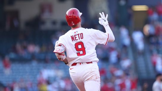Los Angeles Angels infielder #9 Zach Neto celebrates a home run against the Boston Red Sox on June 23, 2025 in Anaheim, CA.