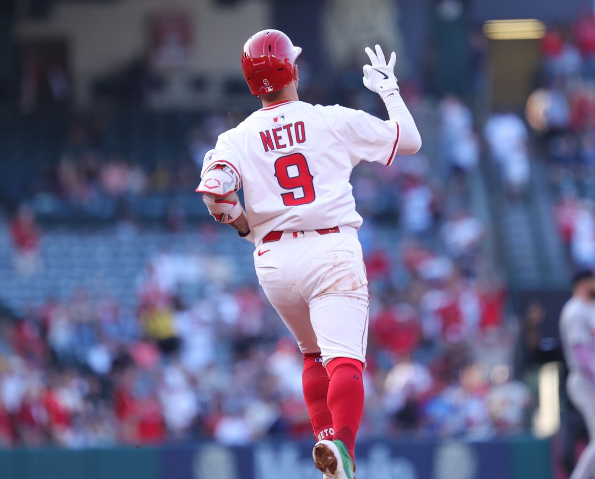 Los Angeles Angels infielder #9 Zach Neto celebrates a home run against the Boston Red Sox on June 23, 2025 in Anaheim, CA.