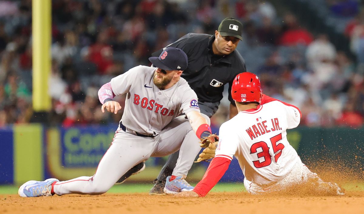 Los Angeles Angels infielder #35 LaMonte Wade Jr. steals second base during an MLB game against the Boston Red Sox on June 23, 2025 in Anaheim, CA.