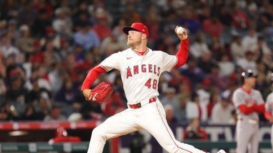 Los Angeles Angels pitcher #48 Reid Detmers throws a pitch during an MLB game against the Boston Red Sox on June 23, 2025 in Anaheim, CA.