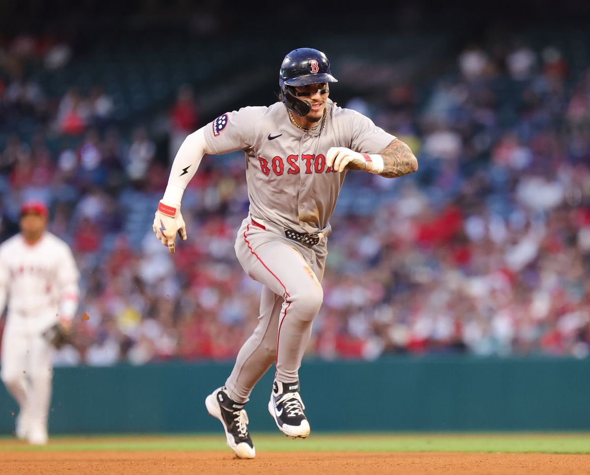 Boston Red Sox outfielder #16 Jarren Duran runs the bases during an MLB game against the Los Angeles Angels on June 23, 2025 in Anaheim, CA.