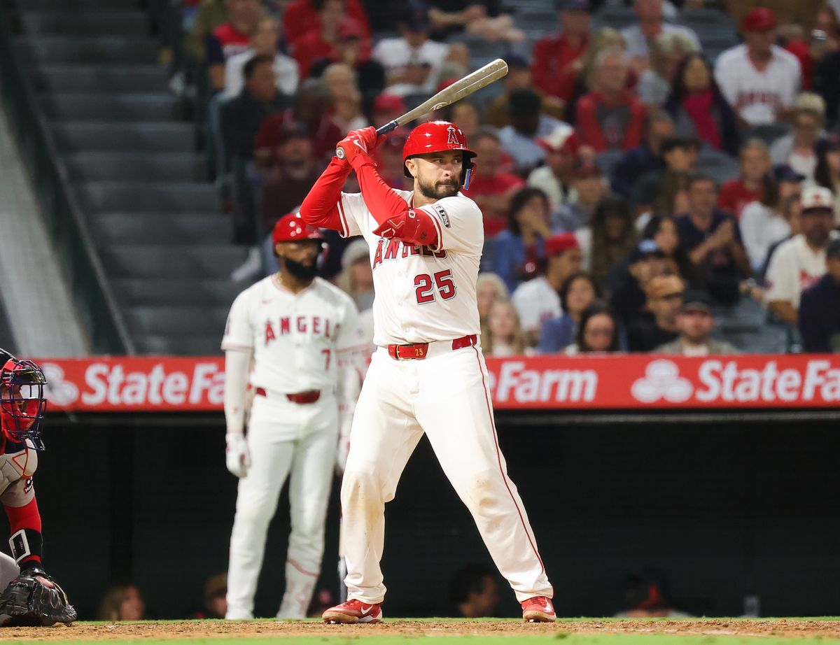 Los Angeles Angels catcher #25 Travis d'Arnaud at bat during an MLB game against the Boston Red Sox on June 23, 2025 in Anaheim, CA.