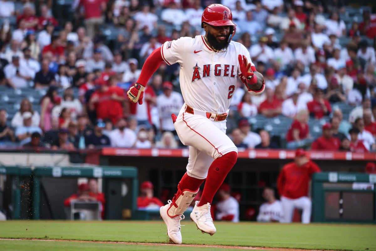 Los Angeles Angels infielder Luis Rengifo (2) hustles to first base during the MLB game against the Boston Red Sox Tuesday June 24th, 2025 at Angel's Stadium in Anaheim, Calif. Los Angeles Angels infielder Luis Rengifo (2) hustles to first base during the MLB game against the Boston Red Sox Tuesday June 24th, 2025 at Angel's Stadium in Anaheim, Calif.
