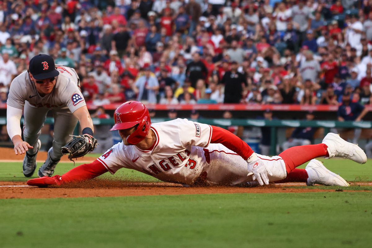Los Angeles Angels outfielder Taylor Ward (3) dives into third base during the MLB game against the Boston Red Sox Tuesday June 24th, 2025 at Angel's Stadium in Anaheim, Calif. Los Angeles Angels outfielder Taylor Ward (3) dives into third base during the MLB game against the Boston Red Sox Tuesday June 24th, 2025 at Angel's Stadium in Anaheim, Calif.