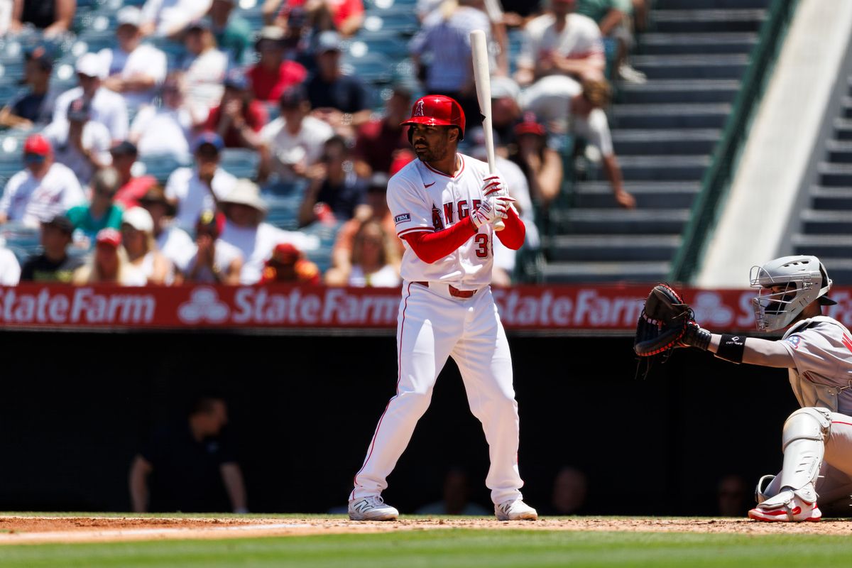 LaMonte Wade Jr. #35 of the Los Angeles Angels at bat during the game against the Boston Red Sox at Angel Stadium of Anaheim on June 25, 2025 in Anaheim, California. LaMonte Wade Jr. #35 of the Los Angeles Angels at bat during the game against the Boston Red Sox at Angel Stadium of Anaheim on June 25, 2025 in Anaheim, California.