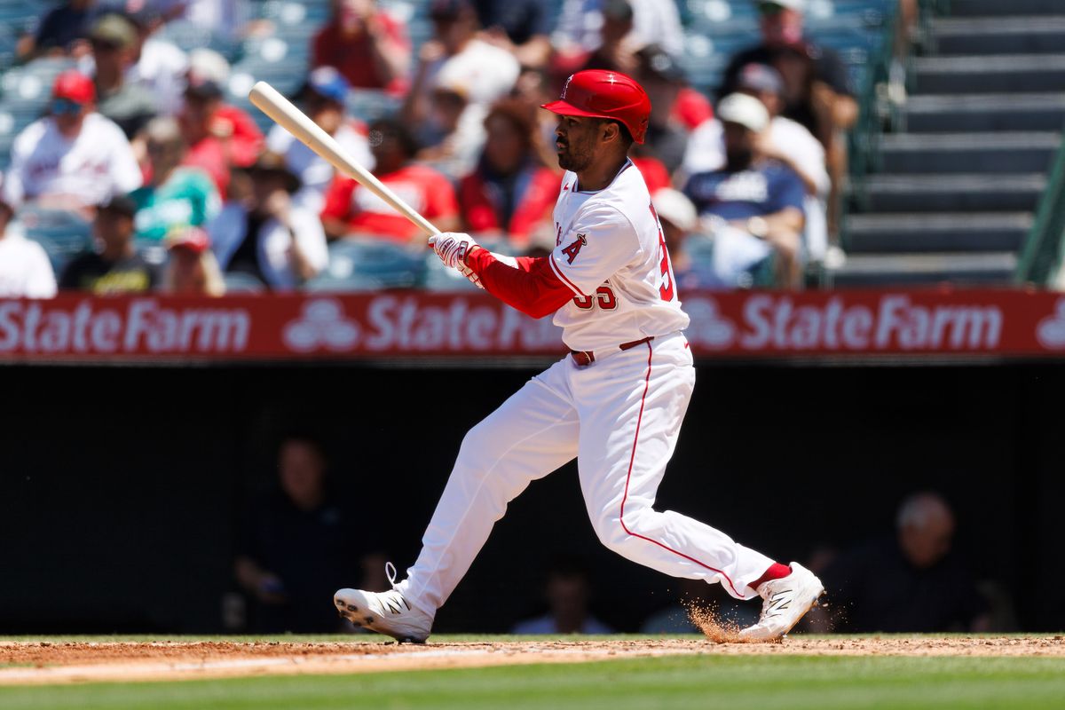 LaMonte Wade Jr. #35 of the Los Angeles Angels at bat during the game against the Boston Red Sox at Angel Stadium of Anaheim on June 25, 2025 in Anaheim, California. LaMonte Wade Jr. #35 of the Los Angeles Angels at bat during the game against the Boston Red Sox at Angel Stadium of Anaheim on June 25, 2025 in Anaheim, California.
