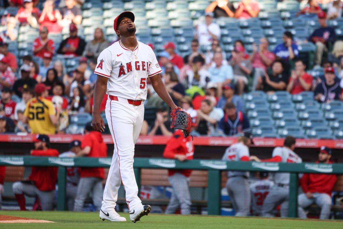 Los Angeles Angels right handed pitcher José Soriano (59) reacts after the third out during the MLB game against the Washington Nationals Friday June 27th, 2025 at Angel's Stadium in Anaheim, Calif. Los Angeles Angels right handed pitcher José Soriano (59) reacts after the third out during the MLB game against the Washington Nationals Friday June 27th, 2025 at Angel's Stadium in Anaheim, Calif.