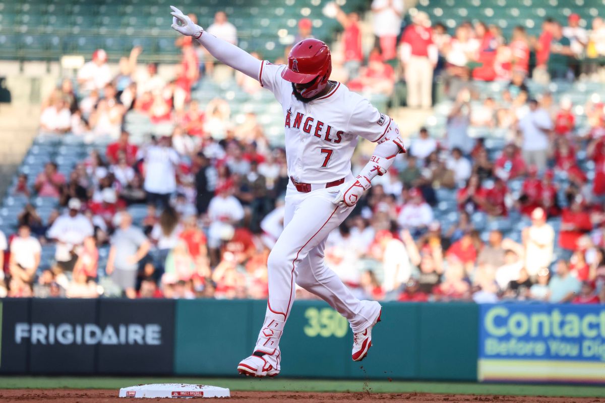 Los Angeles Angels outfielder Jo Adell (7) celebrates after hitting a home run during the MLB game against the Washington Nationals Friday June 27th, 2025 at Angel's Stadium in Anaheim, Calif. Los Angeles Angels outfielder Jo Adell (7) celebrates after hitting a home run during the MLB game against the Washington Nationals Friday June 27th, 2025 at Angel's Stadium in Anaheim, Calif.