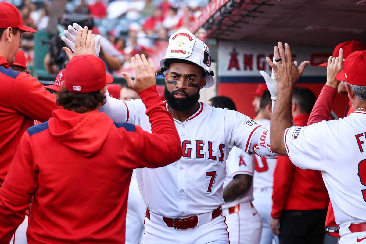 Los Angeles Angels outfielder Jo Adell (7) celebrates after hitting a home run during the MLB game against the Washington Nationals Friday June 27th, 2025 at Angel's Stadium in Anaheim, Calif. Los Angeles Angels outfielder Jo Adell (7) celebrates after hitting a home run during the MLB game against the Washington Nationals Friday June 27th, 2025 at Angel's Stadium in Anaheim, Calif.