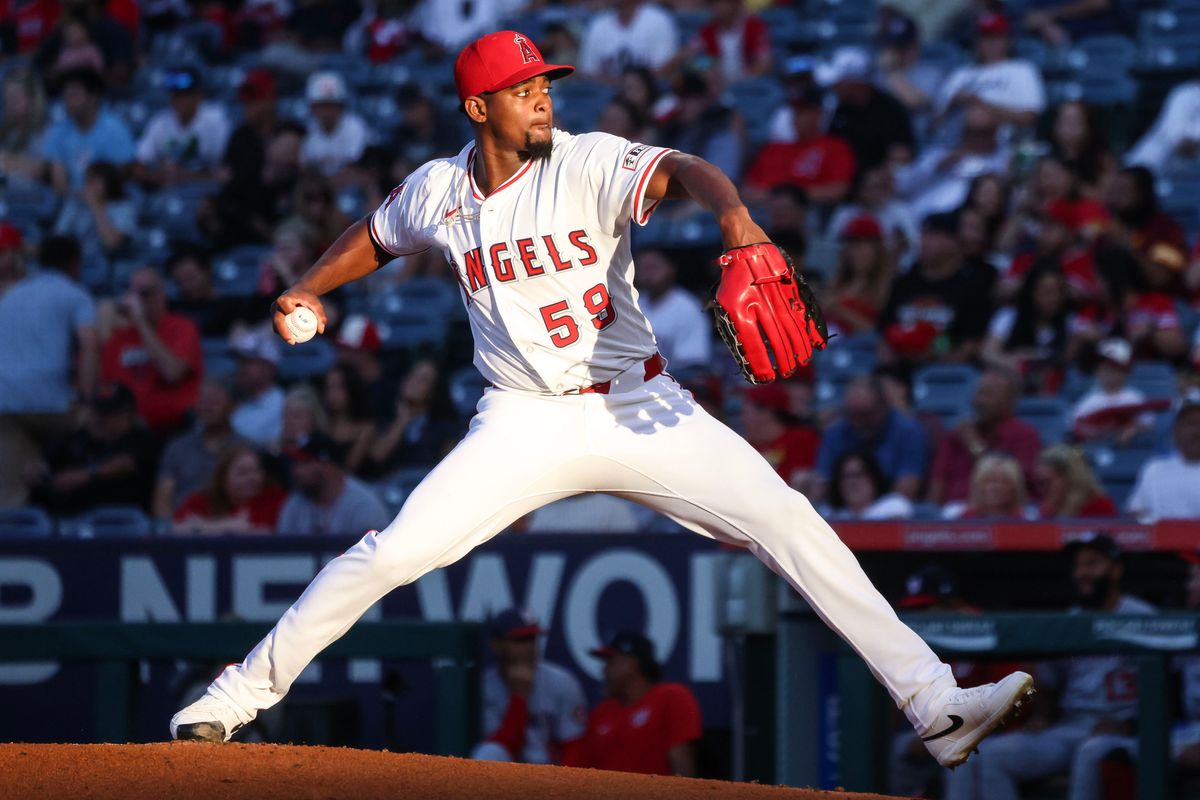 Los Angeles Angels right handed pitcher José Soriano (59) delivers a pitch during the MLB game against the Washington Nationals Friday June 27th, 2025 at Angel's Stadium in Anaheim, Calif. Los Angeles Angels right handed pitcher José Soriano (59) delivers a pitch during the MLB game against the Washington Nationals Friday June 27th, 2025 at Angel's Stadium in Anaheim, Calif.