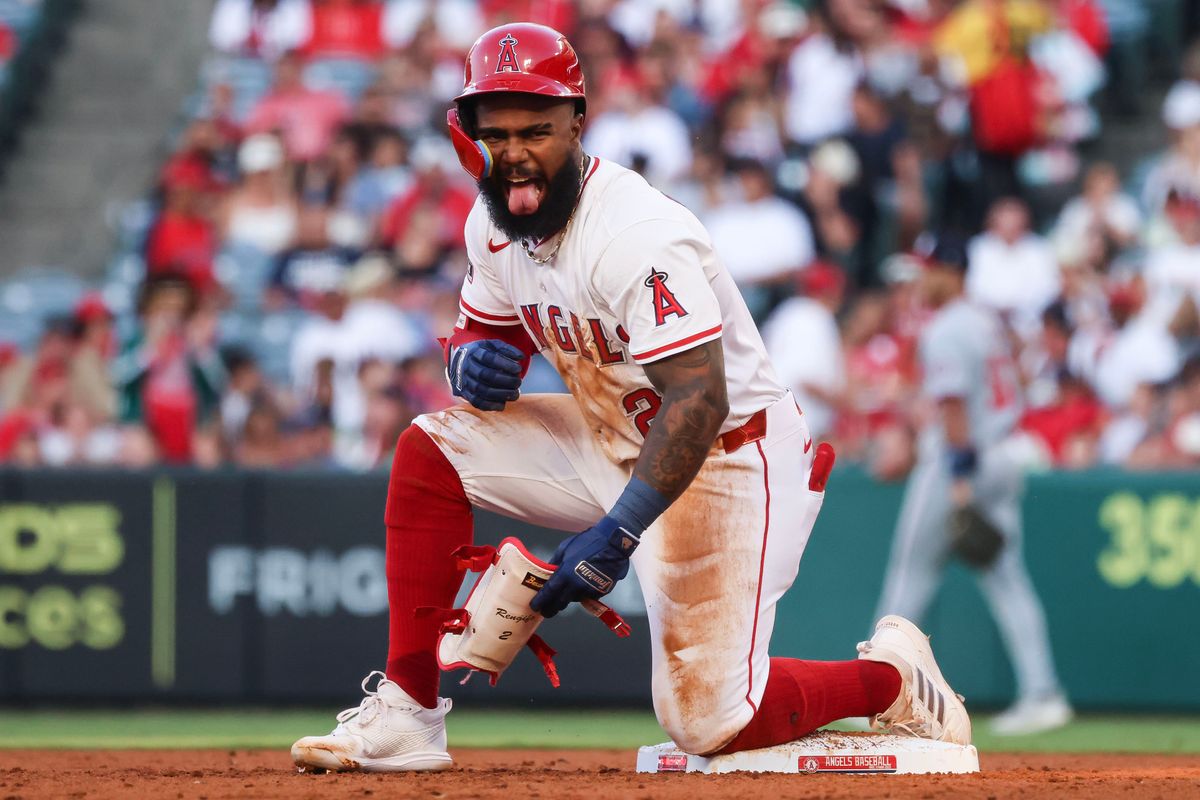 Los Angeles Angels infielder Luis Rengifo (2) celebrates after diving to second base during the MLB game against the Washington Nationals Friday June 27th, 2025 at Angel's Stadium in Anaheim, Calif. Los Angeles Angels infielder Luis Rengifo (2) celebrates after diving to second base during the MLB game against the Washington Nationals Friday June 27th, 2025 at Angel's Stadium in Anaheim, Calif.