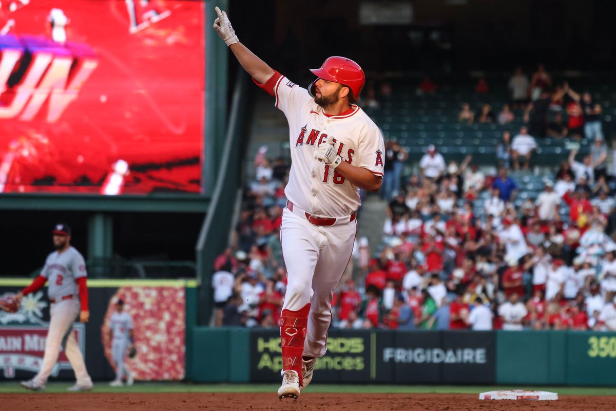 Los Angeles Angels infielder Nolan Schanuel (18) celebrates after hitting a home run during the MLB game against the Washington Nationals Friday June 27th, 2025 at Angel's Stadium in Anaheim, Calif. Los Angeles Angels infielder Nolan Schanuel (18) celebrates after hitting a home run during the MLB game against the Washington Nationals Friday June 27th, 2025 at Angel's Stadium in Anaheim, Calif.